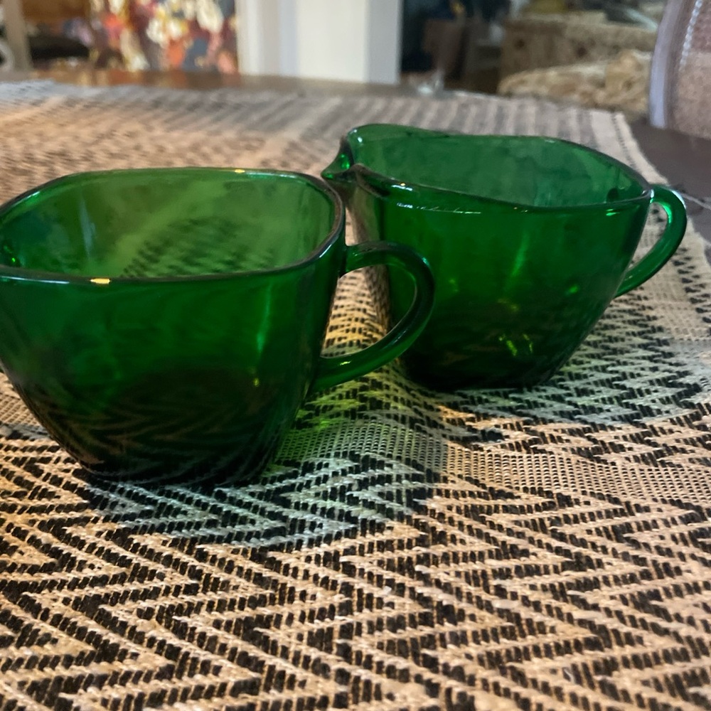 Anchor Hocking Forest Green Glass Charm Sugar & Creamer Set Vintage 1950s